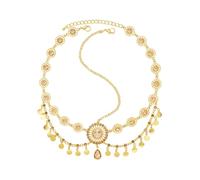 Chaîne de Front Élastique à Strass avec Pendentifs Pièces et Franges, Chaîne de Tête Forme Vintage Bohème, Double Couche Réglable 46+9cm, pour Coiffure Festival Danse Orientale, Doré