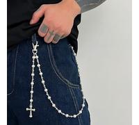 Chaîne de poche argentée pour pantalon, une seule couche de fausses perles rondes, breloque croix, chaîne de portefeuille pour homme et femme, bijoux punk Y2K, accessoires de fête, festival