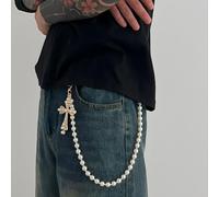 Chaîne de poche dorée pour pantalon, une seule couche de fausses perles rondes, breloque croix, chaîne de portefeuille pour homme et femme, bijoux de style punk Y2K, accessoires de fête et de festival