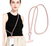 Chaîne de Téléphone Longue et Détachable en Métal Cordon de Sécurité Lanyard Croisé 360° Rotatif avec Anneau Doigt et Clip Métallique Anti-Chute Anti-Vol Universel pour iPhone 17 Pro 16 Femme Or Rose