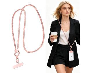 Chaîne de Téléphone Longue et Détachable en Métal Cordon de Sécurité Lanyard Croisé 360° Rotatif avec Anneau Doigt et Clip Métallique Anti-Chute Anti-Vol Universel pour iPhone 17 Pro 16 Femme Or Rose