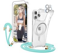 Chaîne de téléphone portable bleu clair pour iPhone 15 Pro - En verre | Coque de protection compatible avec Magsafe, bande de téléphone portable avec 2 films de protection d'écran et 2 films de