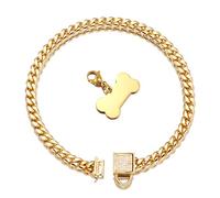 Chaîne dorée pour chien avec étiquette et pierres de zircone cubique givrées Boucle sécurisée en acier inoxydable 18 carats Chaîne à maillons cubains 6 mm Collier de dressage robuste pour chiot et