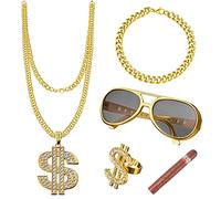 Chaîne Plaqué De Signe Dollar, Ensemble De 5 Pièces Kit De Chaîne De Dollar,Avec Bague Dollar, Collier Dollar, Convient à La Plupart Des Garçons Homme Idéal Pour Le Rappeurs,Hip Hop,Gangsters Cosplay