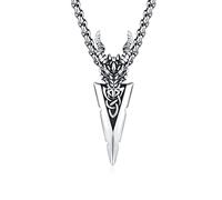 Chaîne Pointe de Flèche 925 argent sterling Chaîne celtique Dragon Chaîne Hommes Flèche Collier Amulette Pendentif Bijoux celtiques pour Hommes Fils Père Cadeaux 20+2'' Chaîne en acier inoxydable