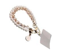 Chaine Telephone Portable Bracelet à breloques en cuir avec perles camélia for téléphone portable, chaîne Anti-perte, sangle universelle for , pendentif corde, clé métal, 26cm(White with gasket)