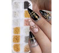 Chaînes d'art des ongles en métal DIY dorées, argentées et couleur champagne. Clous et perles de caviar pour une décoration punk. Avec strass en alliage 3D à dos plat pour une manucure de style japona