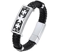ChainsHouse Bracelet Cuir Garcon 21 cm Templiers Croix Acier Gourmette Homme Juif Amulette de Protection Fermoir Magnétique Cadeau Copain Petit Ami Jeune Adult