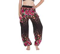 CHAINUPON Pantalon sarouel pour femme - Style bohème - Style décontracté - Hippie - Motif éléphant, fleurs noires, 42
