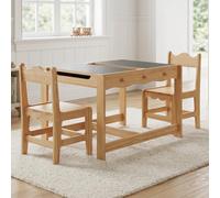 chairus 3 en 1 Table Enfants avec 2 Chaises, Réversible à Double Face avec Tableau Noir, Grand Rangement caché, Crochets latéraux, Coins arrondis, Table pour Dessiner Apprendre Bois Naturel