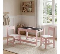 chairus 3 en 1 Table Enfants avec 2 Chaises, Réversible à Double Face avec Tableau Noir, Grand Rangement caché, Crochets latéraux, Coins arrondis, Table pour Dessiner Apprendre Rose