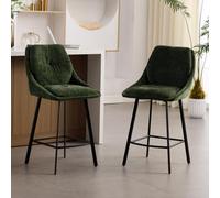 chairus Chaise de Bar Lot de 2 Tabourets Bar Cuisine Chenille 66 cm, Vert | Tabourets de Bar Chaise Haut Bar Confortable Double Dossier Repose-Pieds en Métal pour Central Îlot Comptoir