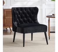 chairus Fauteuil Velours avec Pieds en Bois Massif, Chaise de Salon sans Accoudoirs, Fauteuil Crapaud avec Rivets et Boutons Décoratifs pour Chambre, Salon, Noir