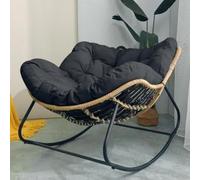 Chaise à bascule surdimensionnée en rotin noir avec coussin rembourré - Chaise de salon avec cadre en métal pour adultes, moderne, intérieur/extérieur, patio, confort, design en osier