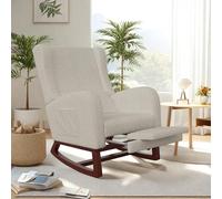 Chaise a Basule, Fauteuil à Bascule Rembourré, Rocking Chair Scandinave avec Base en Bois, Fauteuils de Salon à Bascule, Allaitement Fauteuil avec Poche Latérale et Accoudoirs (Beige, Peluche givrée)