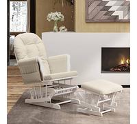 Chaise Berçante avec Repose-Pied, Blanc Crème Tissu, Bois d'Hévéa Massif | Mouvement de glissement doux, coussins épais, poches latérales, tissu respirant, montage facile avec instructions incluses