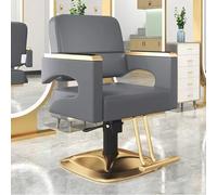 Chaise de barbier en mousse haute densité en cuir PU avec rotation à 360° réglable en hauteur base dorée et accoudoirs pour salon et salon de coiffure (gris)