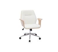 Miliboo - Chaise de bureau à roulettes design blanc, bois clair et acier chromé RUFIN