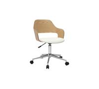 Chaise de bureau à roulettes design blanc, bois clair chêne et acier chromé JANET