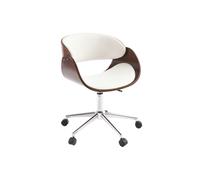 Chaise de bureau à roulettes design blanc, bois foncé noyer et acier chromé BENT