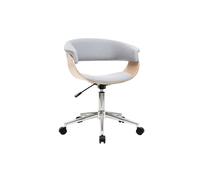 Chaise de bureau à roulettes design en tissu gris clair, bois clair et acier chromé OKTAV