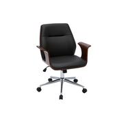 Chaise de bureau à roulettes design noir, bois foncé noyer et acier chromé RUFIN