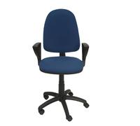 Chaise de bureau Aýna avec mécanisme Contact permanent de base, rembourrée de tissu bleu marine. Équipée d'une base en polyamide noir, d'accoudoirs fixes et de roulettes en nylon de 50 mm.