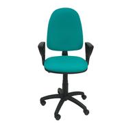Chaise de bureau Aýna avec mécanisme Contact permanent de base, rembourrée de tissu couleur turquoise. Équipée d'une base en polyamide noir, d'accoudoirs fixes et de roulettes en nylon de 50 mm