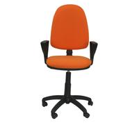 Chaise de bureau Aýna avec mécanisme Contact permanent de base, rembourrée de tissu orange. Équipée d'une base en polyamide noir, d'accoudoirs fixes et de roulettes en nylon de 50 mm.