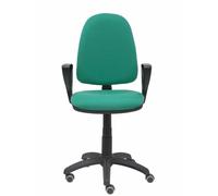 Chaise de bureau Aýna avec mécanisme Contact permanent de base, rembourrée de tissu vert émeraude. Équipée d'une base en polyamide noir, d'accoudoirs fixes et de roulettes pour parquet
