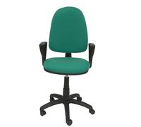 Chaise de bureau Aýna avec mécanisme Contact permanent de base, revêtue de tissu vert émeraude. Équipée d'une base en polyamide noir, d'accoudoirs fixes et de roulettes en nylon de 50 mm.