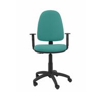 Chaise de bureau Aýna avec mécanisme de contact permanent de base, rembourrée de tissu turquoise. Équipée d'une base en polyamide noir, d'accoudoirs 1D et de roulettes en nylon de 50 mm.