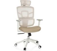 MyBuero Siège de Travail Ergonomique ERGOMY I W Chaise de Bureau avec Appui-lordose Flexible, Appui-tête, accoudoirs, Dossier résille, Tissu Beige