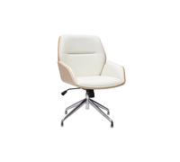 Chaise de bureau design pivotante 360° blanche, bois clair et métal chromé MARLOW