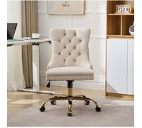 Chaise de bureau en velours beige dossier capitonné à boutons base métal doré réglable pivotante à roulettes