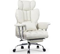 Chaise de bureau ergonomique en cuir avec dossier haut et repose-pieds pour le télétravail - Blanc