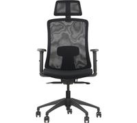 Chaise de bureau ergonomique pivotante MORTON, base en nylon, accoudoirs, appui-tête et support lombaire réglables, rallonge d'assise, mécanisme auto-pesant, noir