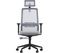 Chaise de bureau ergonomique pivotante WISTER, base en nylon, accoudoirs, appui-tête et soutien lombaire réglables, rallonge d'assise, gris