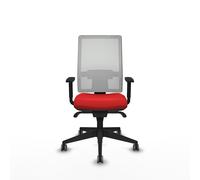 Chaise de bureau Horna avec mécanisme Sincro, revêtue de similicuir rouge et de maille blanche. Équipée d'un soutien lombaire 1D, d'accoudoirs 1D et de roulettes de 65 mm pour parquet