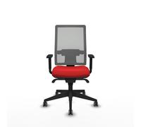 Chaise de bureau Horna avec mécanisme synchrone, revêtement en similicuir rouge et maille grise. Équipée d'un soutien lombaire 1D, d'accoudoirs 1D et de roulettes de 65 mm pour parquet