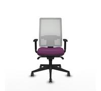 Chaise de bureau Horna avec mécanisme synchrone, revêtue de similicuir violet et de maille blanche. Équipée d'un soutien lombaire 1D, d'accoudoirs 1D et de roulettes de 65 mm pour parquet