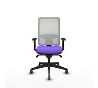 Chaise de bureau Horna avec mécanisme synchrone, revêtue de tissu lilas et de maille blanche. Équipée d'un soutien lombaire 1D, d'accoudoirs 1D et de roulettes de 65 mm pour parquet