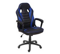Chaise de bureau HWC-F59, chaise pivotante, chaise racing et gaming, similicuir noir-bleu
