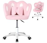 Chaise de bureau pour enfants, chaise maquillage ergonomique pivotante avec oreiller à nœud, ordinateur enfants réglable en hauteur, tabourets roulants siège large chambre coucher filles Rose