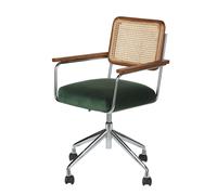 Chaise de bureau réglable à roulettes en velours vert et cannage en rotin 56x84.5x56cm Vert