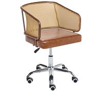 Chaise de Bureau Retro en Cuir PU et Rotin PE Tresse Viennoise Dossier Réglable