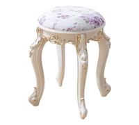 Chaise de coiffeuse ronde scandinave - 43 cm de hauteur - Tabouret de maquillage rembourré vintage - Repose-pieds pour petits espaces - Fleur violette - Cuir synthétique avec pieds dorés - Parfait