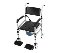 Chaise de douche pliante avec roues et bidet, charge maximale : 160 kg, chaise percée réglable en hauteur en aluminium et PVC, avec accoudoirs, dossier et ceinture de sécurité et brosse de nettoyage