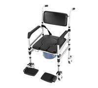 Chaise de douche réglable en hauteur avec bidet - Chaise percée antidérapante pour personnes âgées et soins - Charge maximale : 160 kg - Pliable et avec 4 roues de frein - Avec coussin d'assise souple