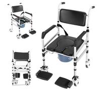 Chaise de douche roulante, capacité de charge 160 kg, pliable, réglable en hauteur, avec repose-pieds, freins, ceinture de sécurité, brosse de nettoyage pour bidet et 2 coussins, chaise percée pour
